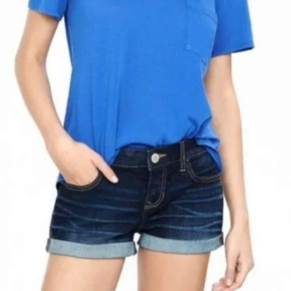 Express Shortie Rolled Cuff Denim Jean - Shorts Size 4 Dark Wash Shorts - Picture 2 of 10